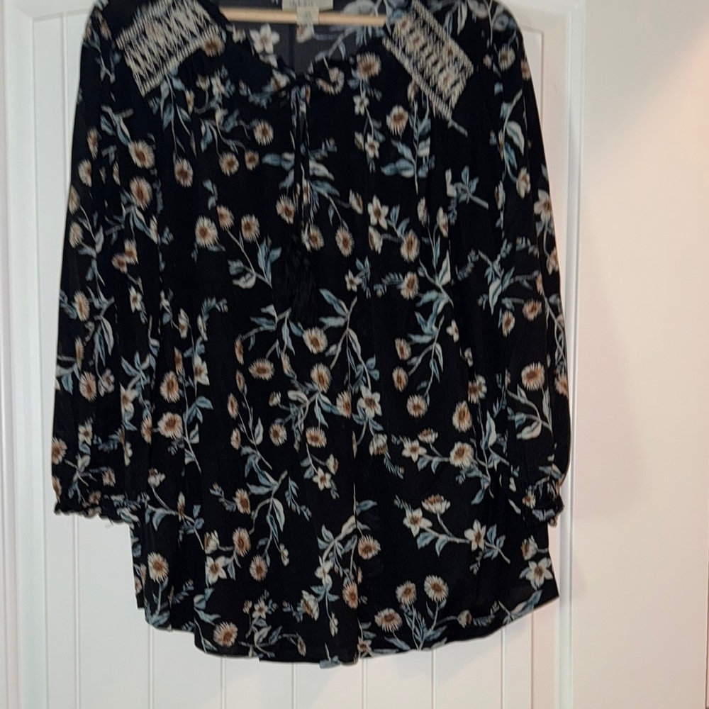 Style & Co. Black and Tan Embellished Blouse with Notched Collar